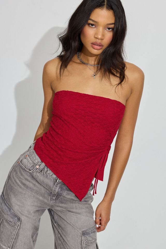 Red Garage Lace Asymmetric Tube Women Tank Top | A-9378025