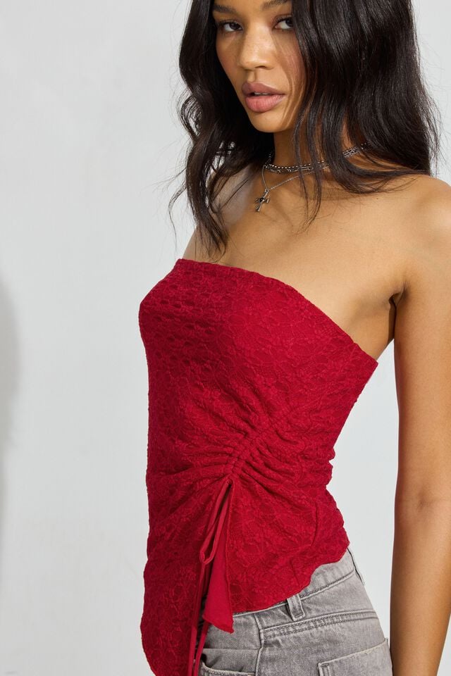 Red Garage Lace Asymmetric Tube Women Tank Top | A-9378025