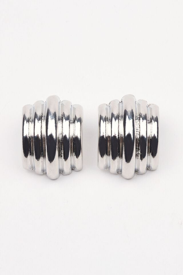 Silver Garage Lined Curve Button Women Earrings | A-9610753