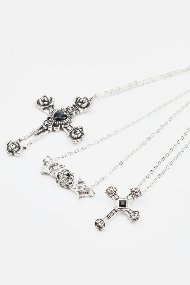Silver Garage Set Of 3 Flower, Cross, & Roses Women Necklaces | A-8745126