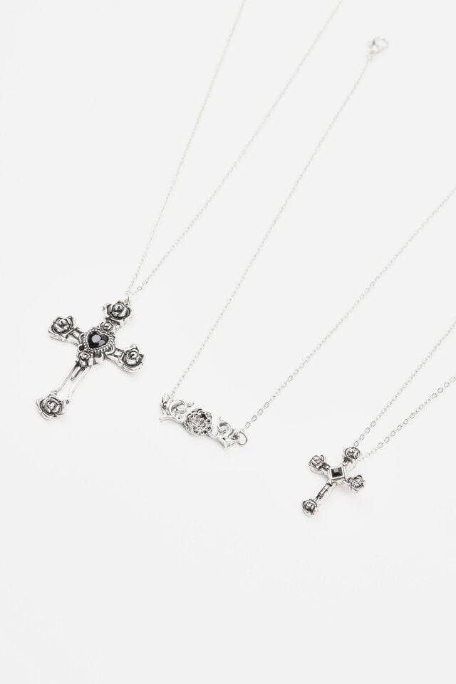 Silver Garage Set Of 3 Flower, Cross, & Roses Women Necklaces | A-8745126