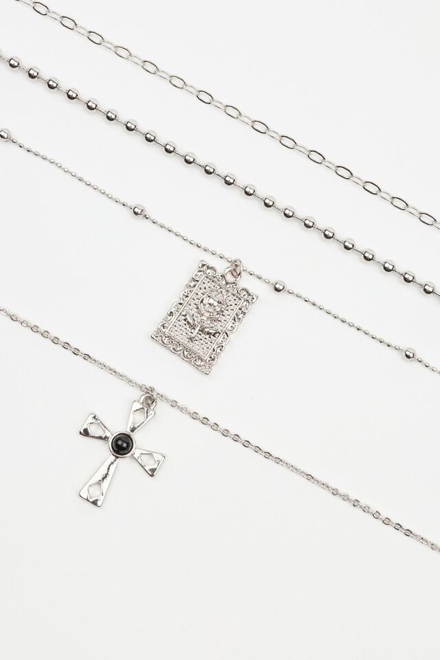 Silver Garage Set Of 4 Cross & Rose Pendant Women Necklaces | A-1027984