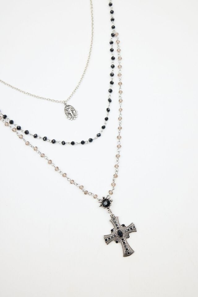Silver / Black Garage Set Of 2 Mary & Rosary Women Necklaces | A-4790865