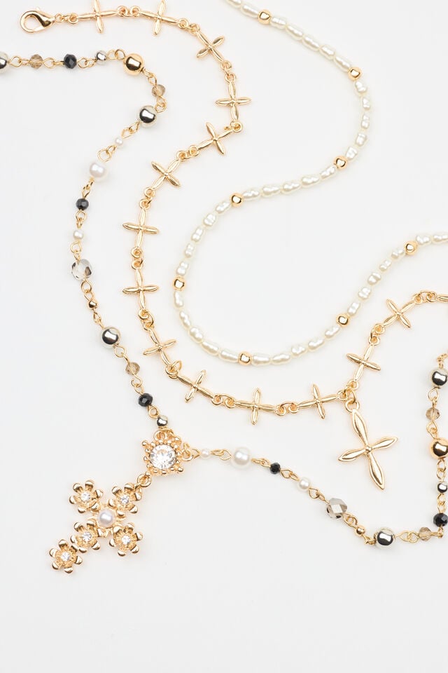 Silver / Gold / White Garage Set Of 3 Rosary, Cross, And Pearl Women Necklaces | A-0496351