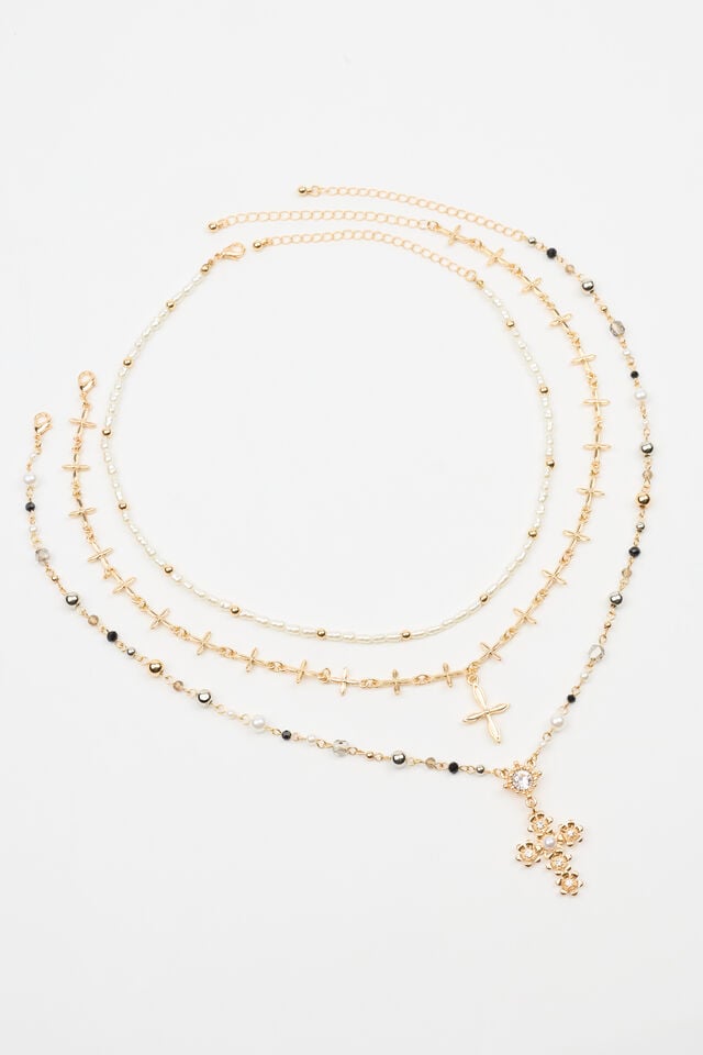 Silver / Gold / White Garage Set Of 3 Rosary, Cross, And Pearl Women Necklaces | A-0496351