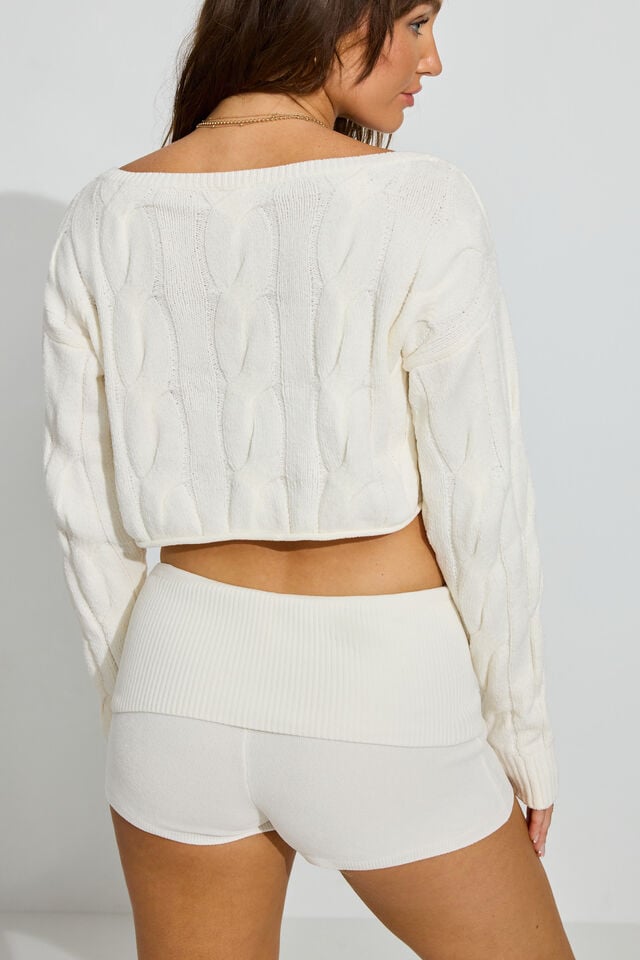 White Garage Cropped Cable Crewneck Women Sweater | A-9804316