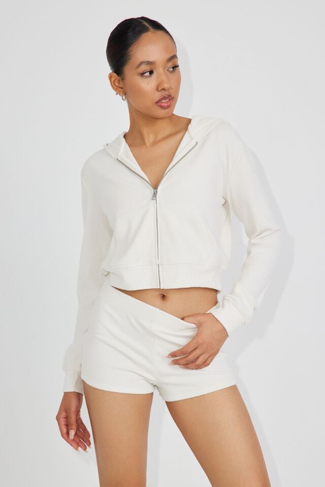 White Garage Fitted Sleep Rib Women Shorts | A-0386195
