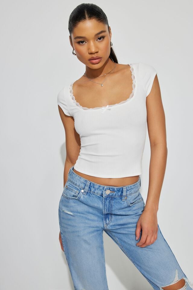 White Garage Myla Scoop Neck Lace Trim Rib Women T Shirts | A-0896415