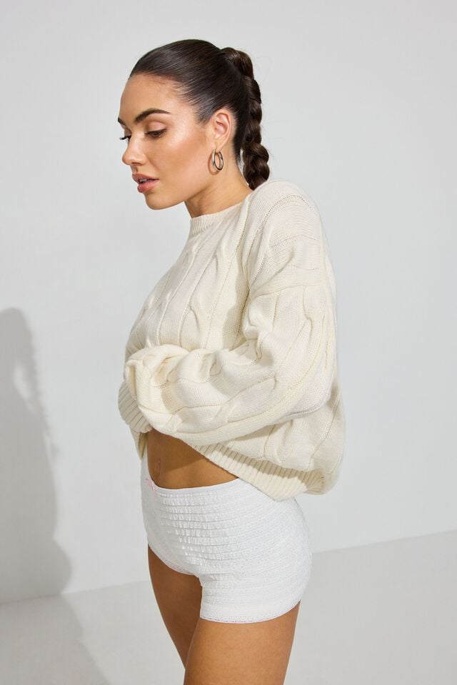 White Garage Oversized Cable Women Sweater | A-2813097