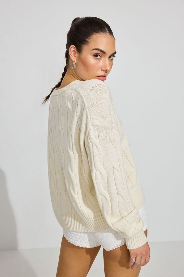 White Garage Oversized Cable Women Sweater | A-2813097