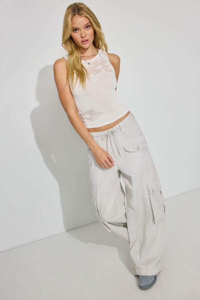 White Garage Sheer Flower Women Tank Top | A-8476392