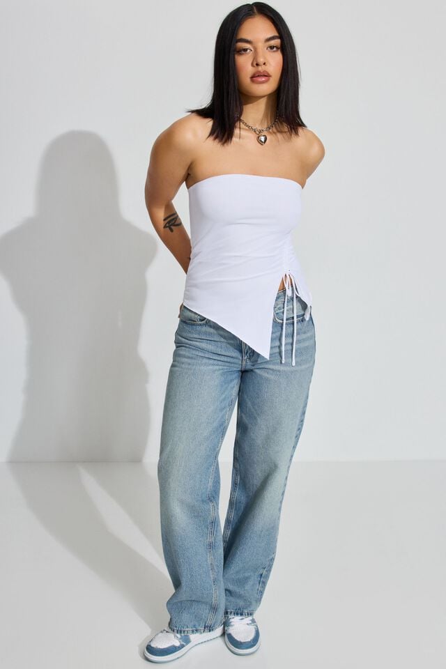 White Garage Shirred Asymmetric Tube Women Tank Top | A-7215983