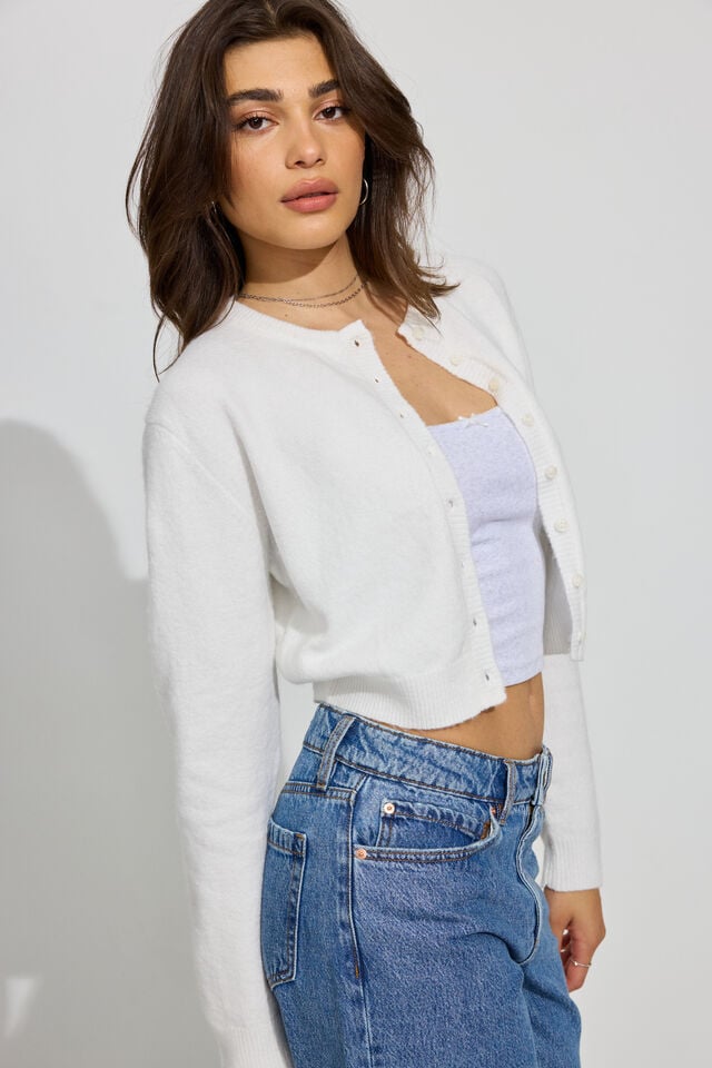 White Garage Spongy Button Up Women Cardigan | A-9701352