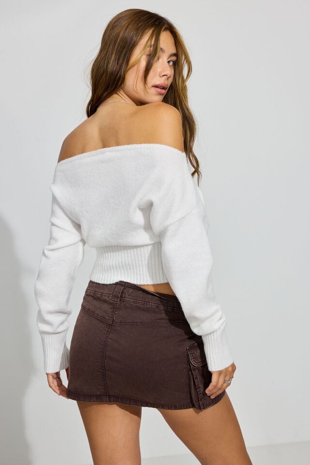 White Garage Spongy Off Shoulder Women Sweater | A-6825904