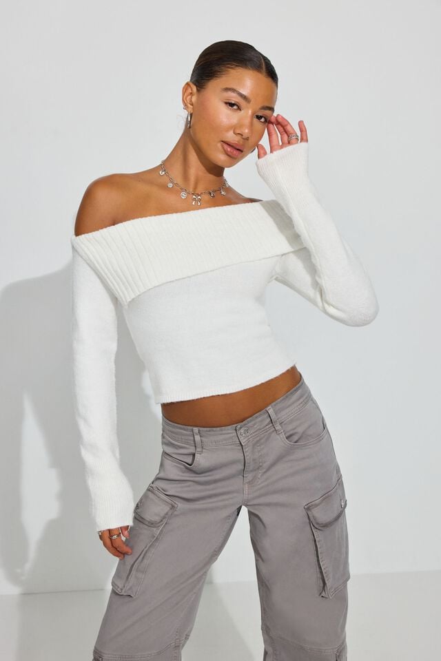 White Garage Spongy Off Shoulder Women Sweater | A-8714259