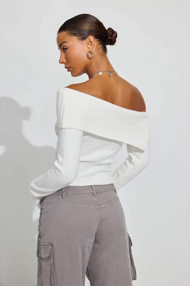 White Garage Spongy Off Shoulder Women Sweater | A-8714259