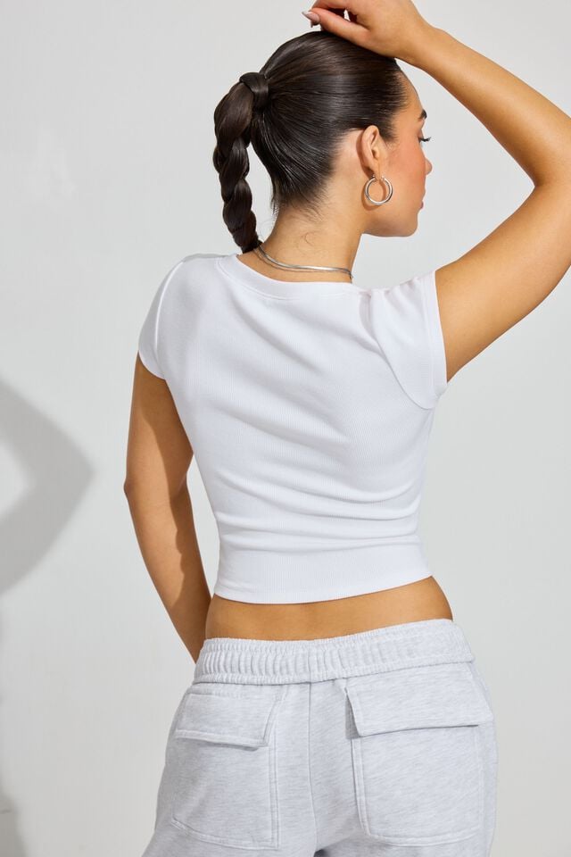 White Garage V Neck Ribbed Women T Shirts | A-3841902
