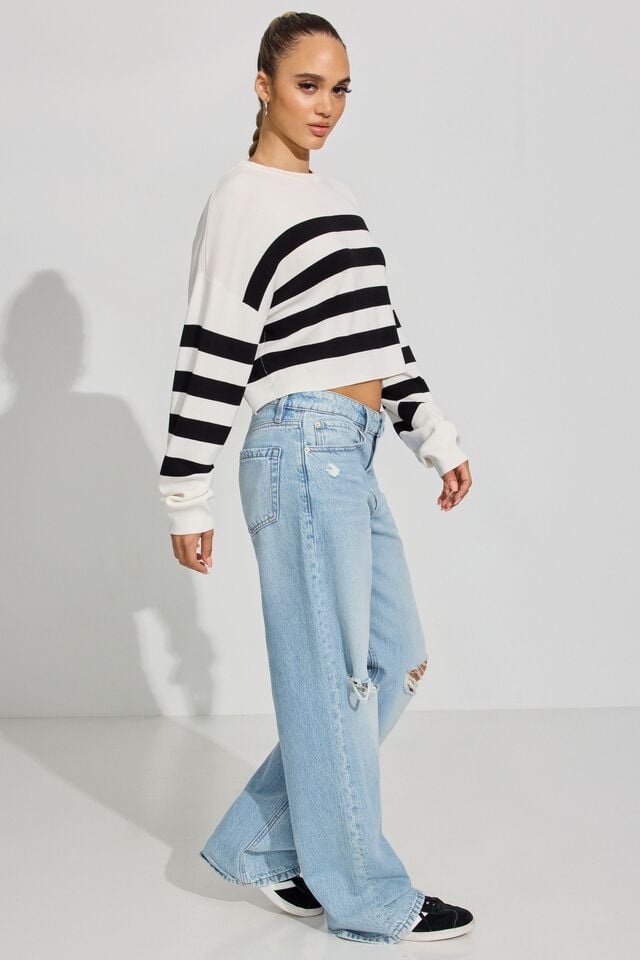 White / Black Garage Boxy Stripe Women Sweater | A-6024713