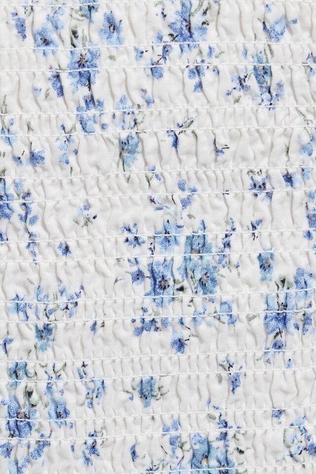 White / Blue Flower Garage Bree Smocked Short Sleeve Women T Shirts | A-1249378
