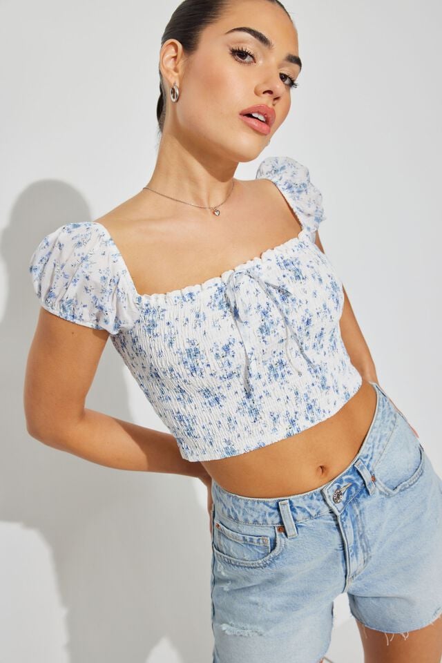 White / Blue Flower Garage Bree Smocked Short Sleeve Women T Shirts | A-1249378