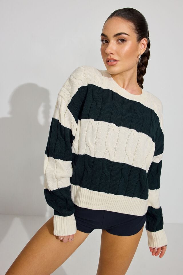White / Blue Garage Oversized Cable Women Sweater | A-3059847