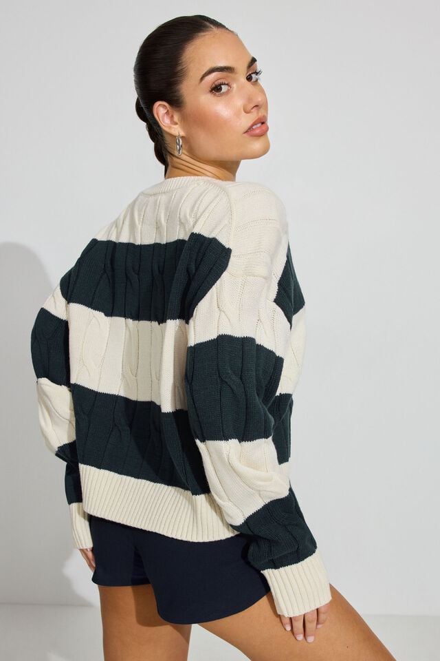 White / Blue Garage Oversized Cable Women Sweater | A-3059847