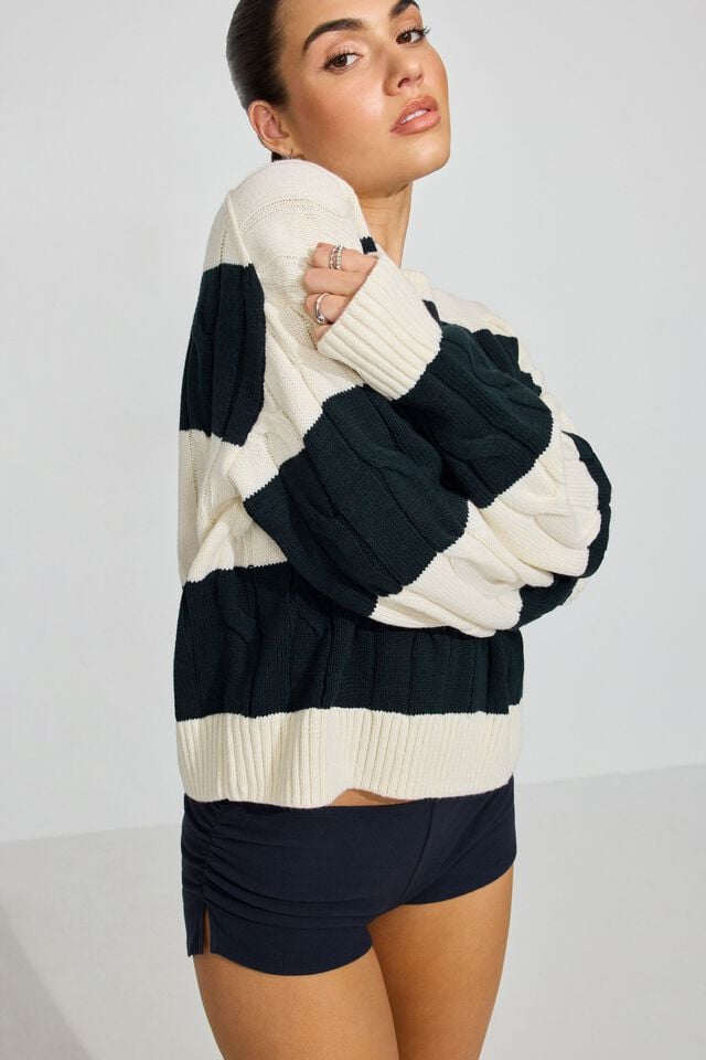 White / Blue Garage Oversized Cable Women Sweater | A-3059847