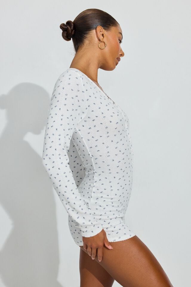 White / Blue Garage Pointelle Women Rompers | A-2971435