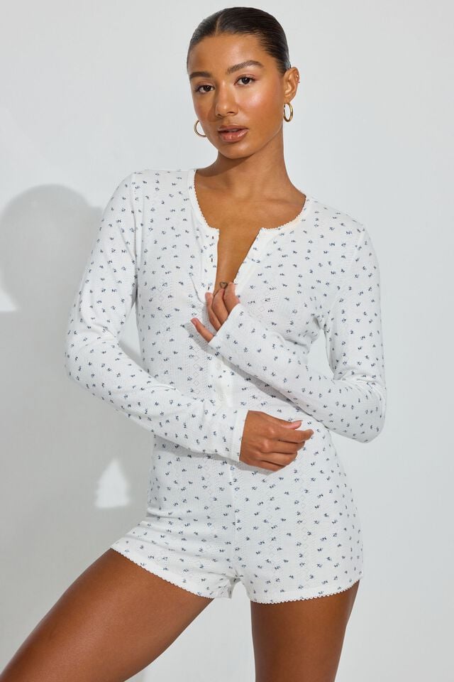 White / Blue Garage Pointelle Women Rompers | A-2971435