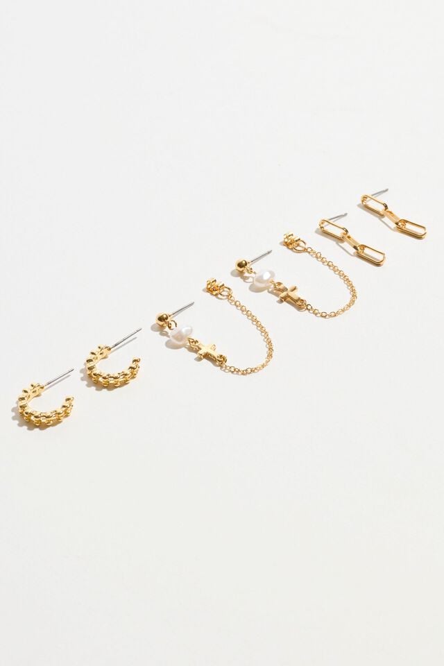 White / Gold Garage 3-pack Cross Pearl Loop Hoop Women Necklaces | A-1985407