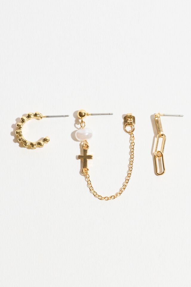 White / Gold Garage 3-pack Cross Pearl Loop Hoop Women Necklaces | A-1985407