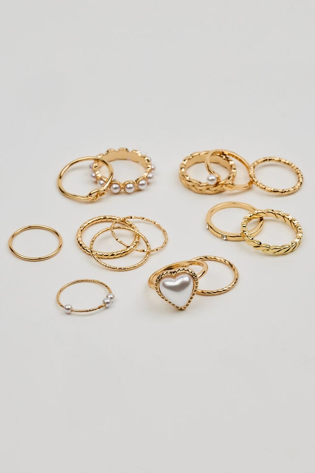 White / Gold Garage Set Of 14 Pearl Heart & Delicate Women Rings | A-3491725