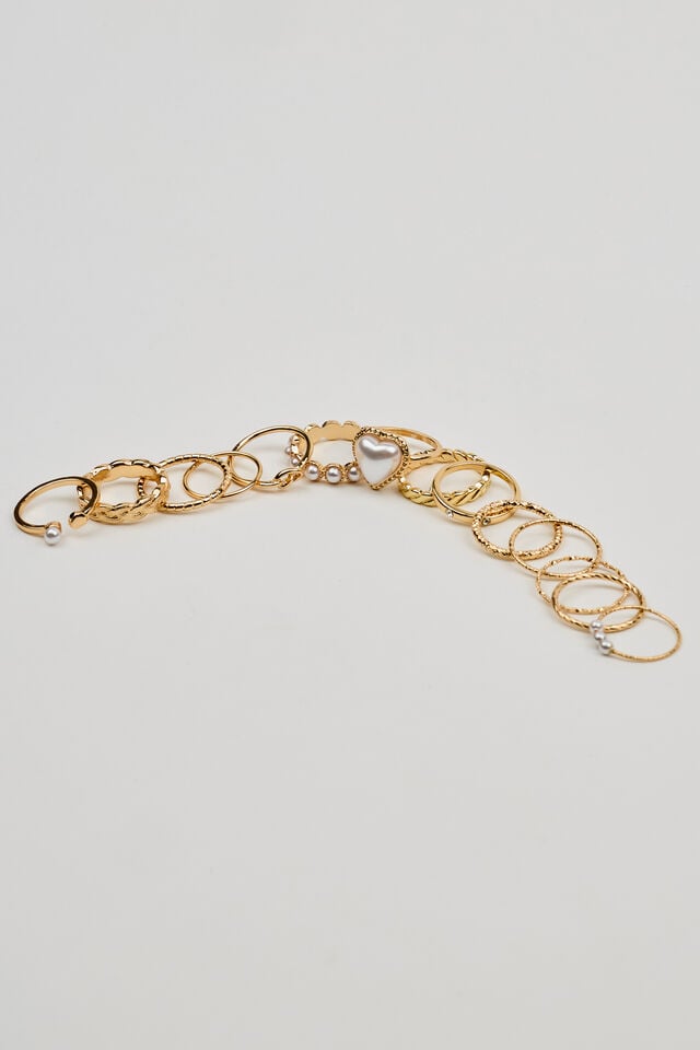 White / Gold Garage Set Of 14 Pearl Heart & Delicate Women Rings | A-3491725