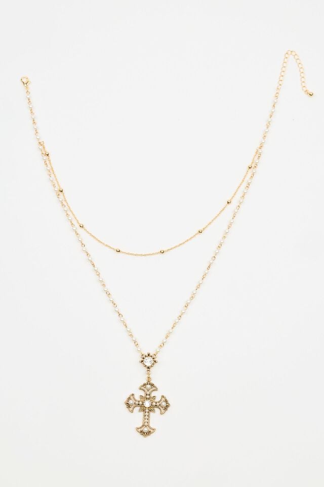 White / Gold Garage Set Of 2 Pearl & Cross Rosary Women Necklaces | A-4562139