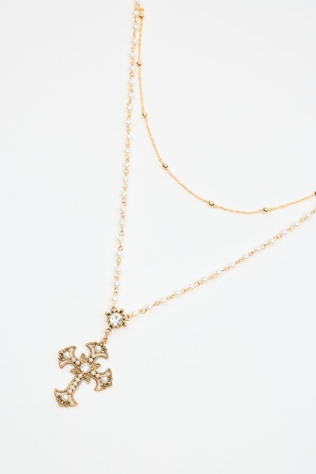 White / Gold Garage Set Of 2 Pearl & Cross Rosary Women Necklaces | A-4562139