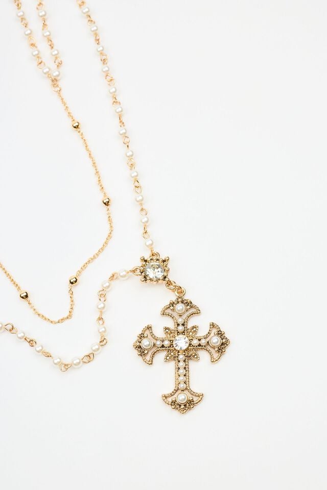 White / Gold Garage Set Of 2 Pearl & Cross Rosary Women Necklaces | A-4562139