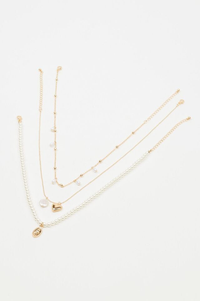 White / Gold Garage Set Of 3 Pearl & Charm Women Necklaces | A-2146593