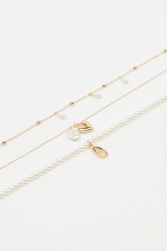 White / Gold Garage Set Of 3 Pearl & Charm Women Necklaces | A-2146593