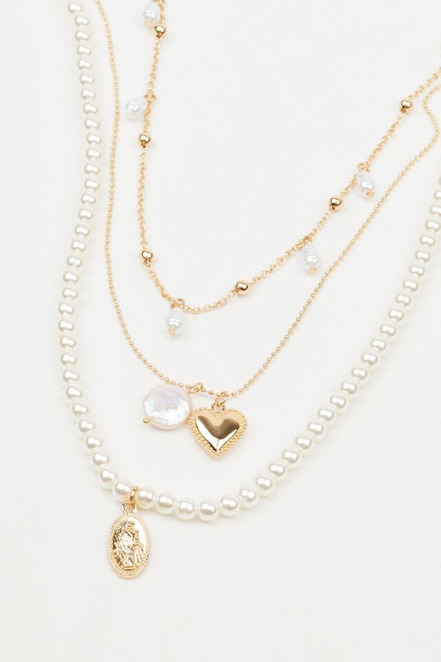 White / Gold Garage Set Of 3 Pearl & Charm Women Necklaces | A-2146593